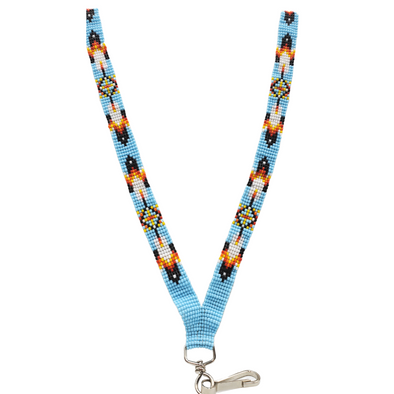 Beaded Lanyard - Fire Colours & Feather - Light Blue Opaque