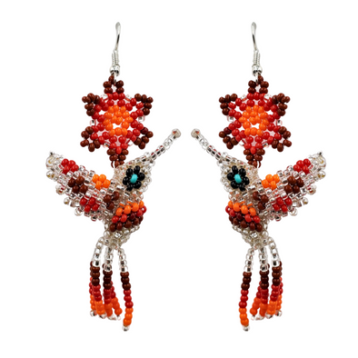 Beaded Earrings - Hummingbird & Flower - Silver & Red