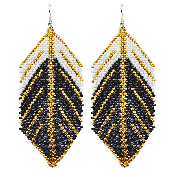 Beaded Earrings - XL Feathers - Black & Gold