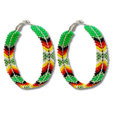 Beaded Earrings - Large Brick Stitch Hoops - Green & Sunset