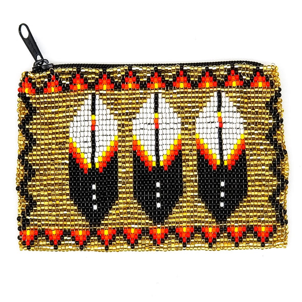 Beaded Coin Purse - Silver-Lined Gold Feathers