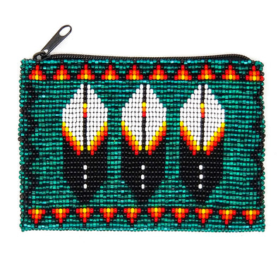 Beaded Coin Purse - Silver-Lined Teal Feathers