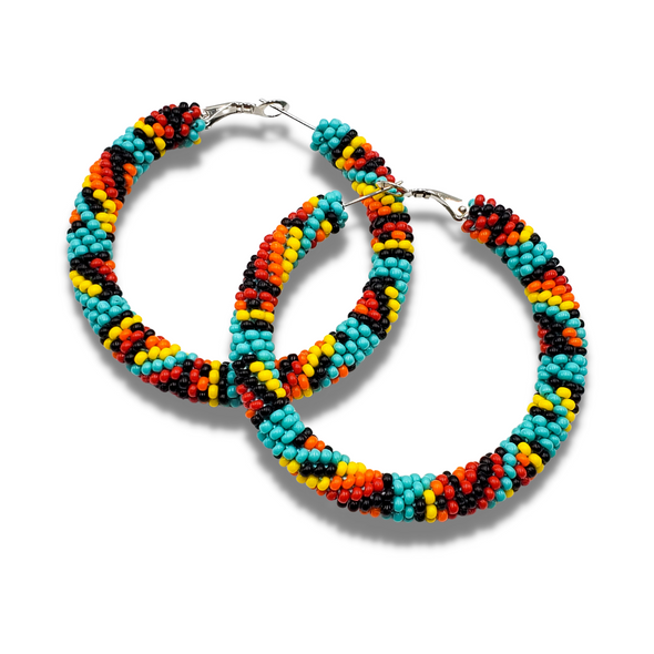 Beaded Earrings - Large Wrapped Hoops - Turquoise Sunset