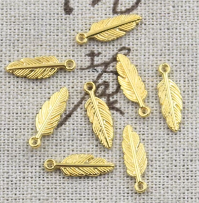 Metal Charms - 15 mm Feathers - Bright Gold