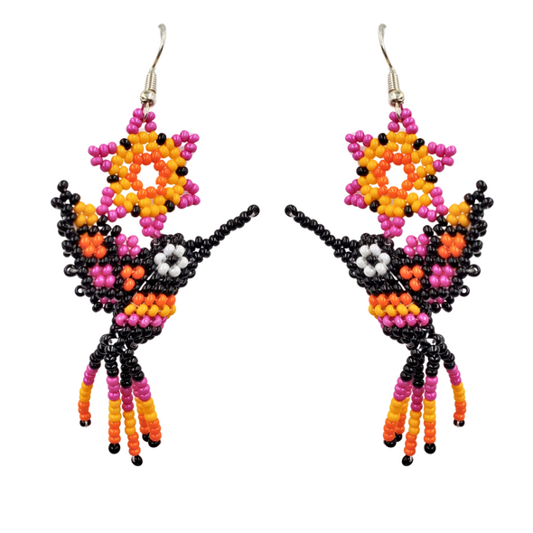 Beaded Earrings - Hummingbird & Flower - Black & Magenta