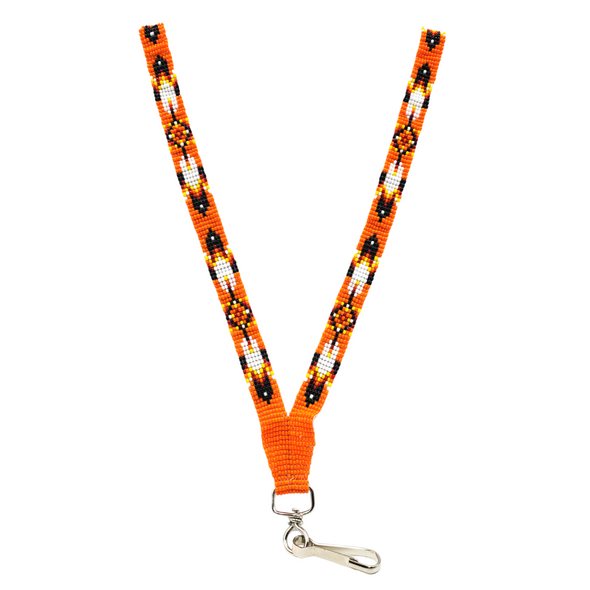Beaded Lanyard - Fire Colours & Feather - Orange Opaque