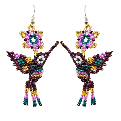 Beaded Earrings - Hummingbird & Flower - Grape & Gold