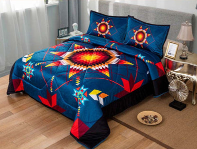 Queen Micro-Mink Sherpa Set - Star Quilt - Navy