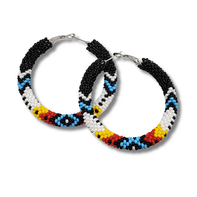 Beaded Earrings - Large Wrapped Hoops - Black w/Sunset