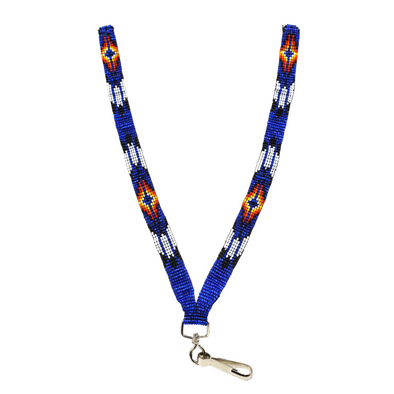 Beaded Lanyard - Three Feathers - Silver-Lined Royal Blue