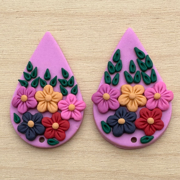 Clay Cabochon - Pink Teardrop Wildflowers