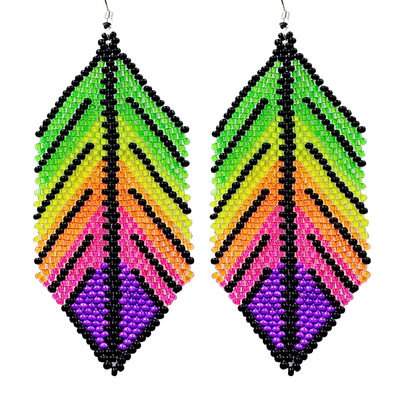 Beaded Earrings - XL Feathers - Neon Rainbow