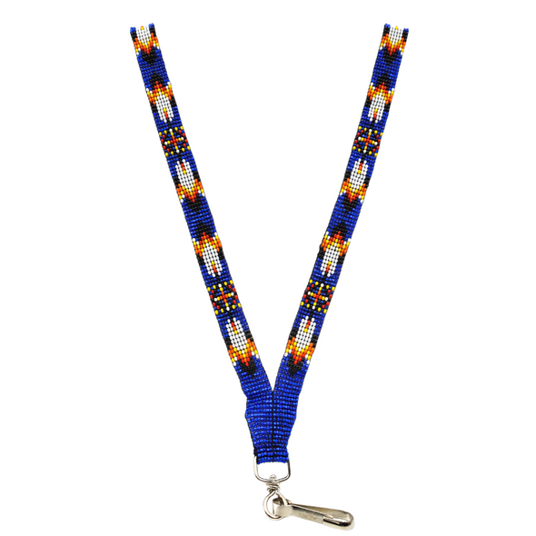 Beaded Lanyard - Fire Colours & Feather - Silver-Lined Royal Blue