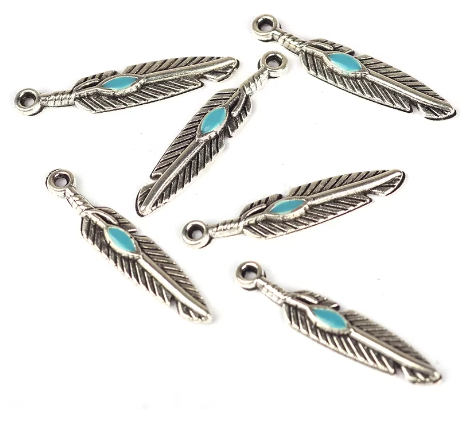 Metal Charms - 27 mm Feathers - Turquoise Enamel