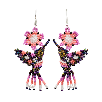 Beaded Earrings - Hummingbird & Flower - Black AB & Pink