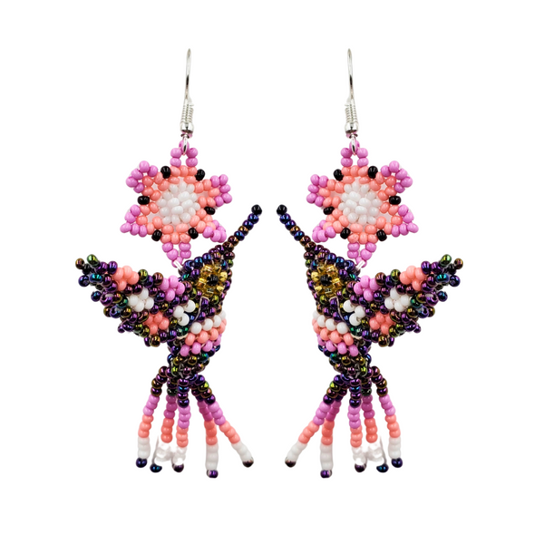 Beaded Earrings - Hummingbird & Flower - Black AB & Pink