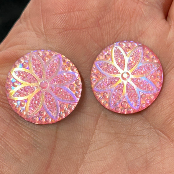 Acrylic Cab - Sparkle Flower Rounds - 25 mm - Pink AB