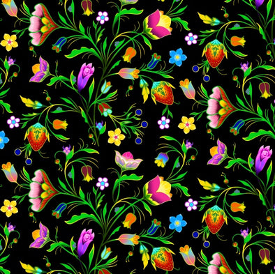 Cotton Fabric - Turtle Island - Floral - Black
