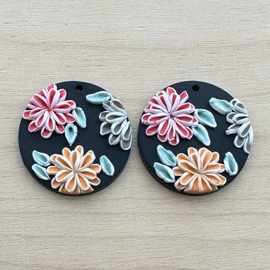 Clay Cabochon - Round Chrysanthemums on Black
