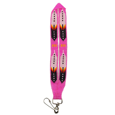 Beaded Mini Lanyard - Large Feathers - Pink