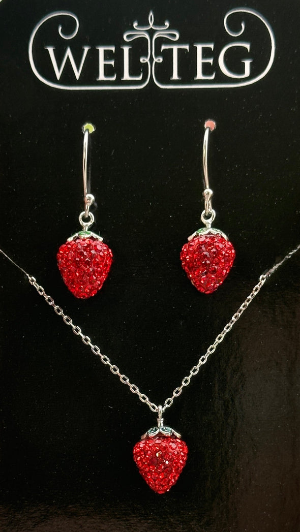 Earring & Necklace Set - Crystal Strawberries - Rhodium