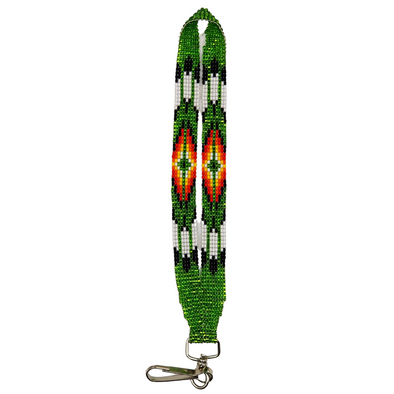 Beaded Mini Lanyard - Three Feathers - Silver-Lined Green