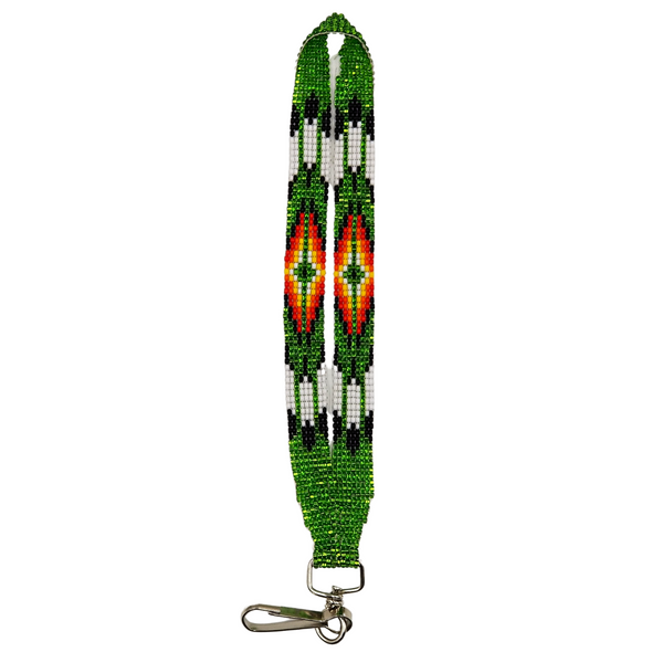 Beaded Mini Lanyard - Three Feathers - Silver-Lined Green