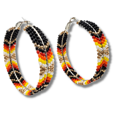 Beaded Earrings - Large Brick Stitch Hoops - Black & Sunset