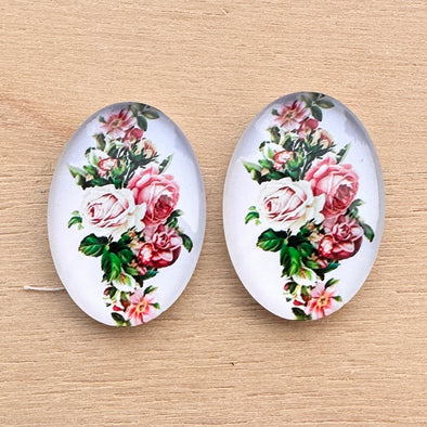 Glass Cab - Oval - Roses on White
