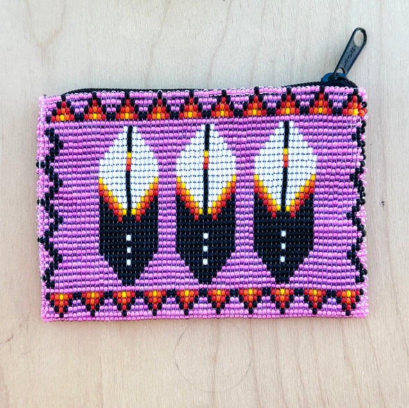 Beaded Coin Purse - Pink Feathers