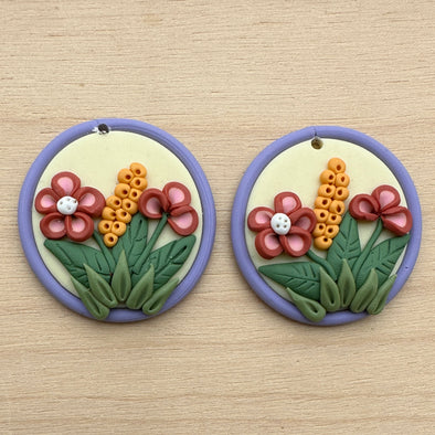 Clay Cabochon - Round Framed Wildflowers - Lavender