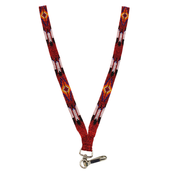 Beaded Lanyard - Three Feathers - Silver-Lined Red