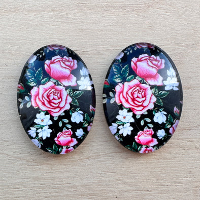 Glass Cab - Oval - Pink Roses on Black