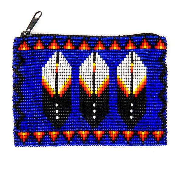 Beaded Coin Purse - Silver-Lined Blue Feathers