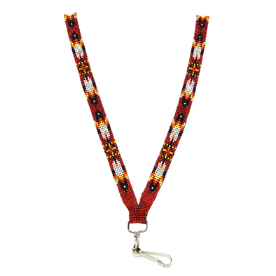 Beaded Lanyard - Fire Colours & Feather - Silver-Lined Red