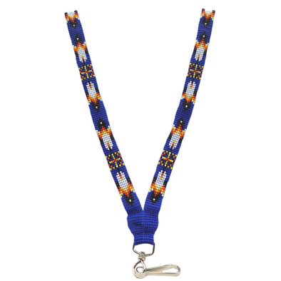 Beaded Lanyard - Fire Colours & Feather - Royal Blue Opaque