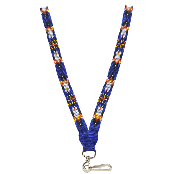 Beaded Lanyard - Fire Colours & Feather - Royal Blue Opaque