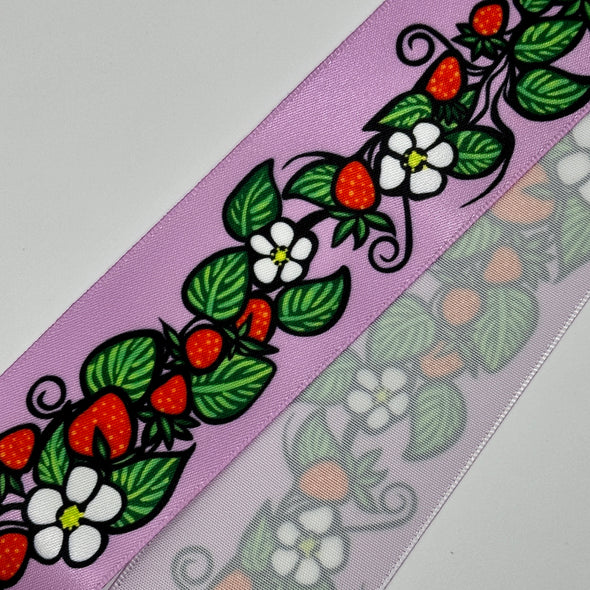 1.5" Printed Satin Ribbon - Strawberries - Lavender