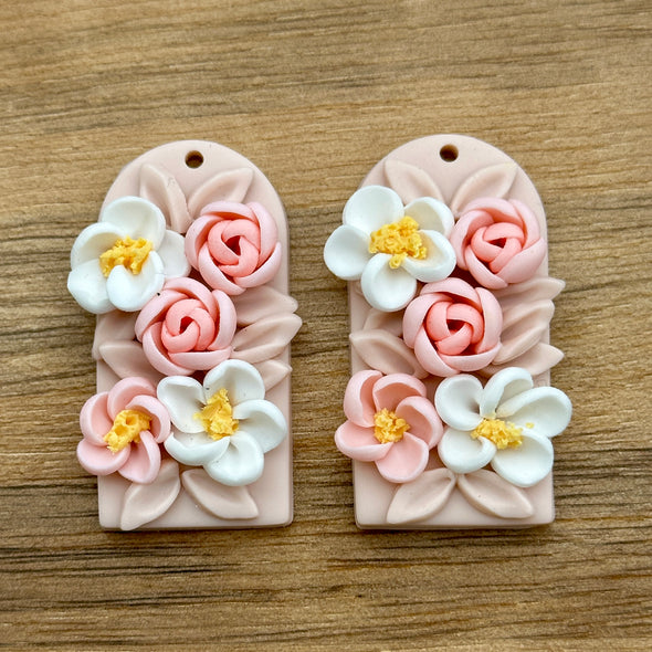 Clay Cabochon - Soft Pink Florals - Rounded Rectangle