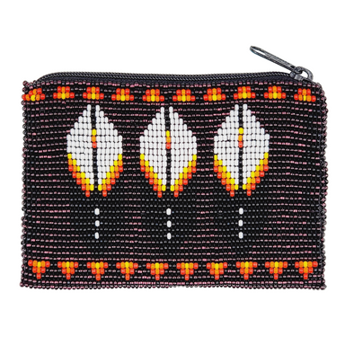 Beaded Coin Purse - Silver-Lined Purple Feathers