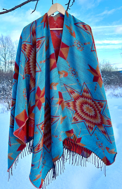 Woven Wrap - Reversible Four-Pointed Star - Turquoise & Orange