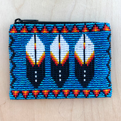 Beaded Coin Purse - Silver-Lined Blue Feathers