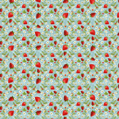 Cotton Fabric - Strawberries & Flowers - Blue