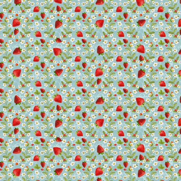 Cotton Fabric - Strawberries & Flowers - Blue