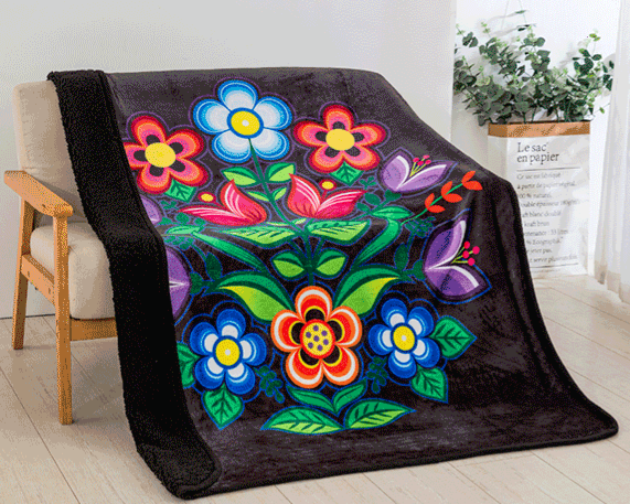 Sherpa Lined Plush Throw - Algonquin Floral - Black