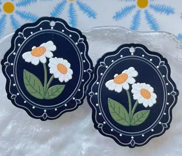 Acrylic Cab - Oval - Black Vintage Daisies