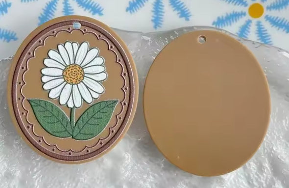 Acrylic Cab - Oval - Brown Vintage Daisies