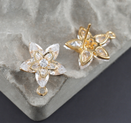 Earring Findings - Gold and Cubic Zirconia Flowers - 18k Plated
