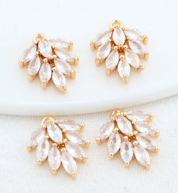 Metal Charms - Cubic Zirconia Leaves - Gold