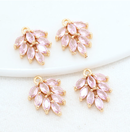 Metal Charms - Pink Cubic Zirconia Leaves - Gold